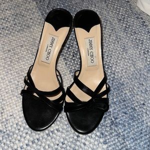 Vintage Jimmy Choo London black leather sandals with kitten heel!